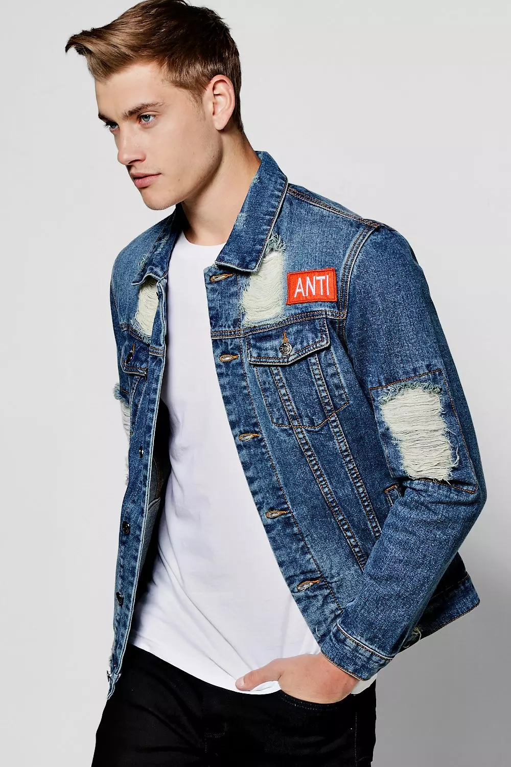 Distressed back denim store jacket